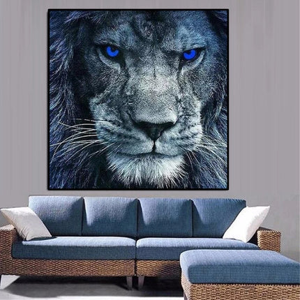 Majestic Pride: Blue-Eyed Lion in the Wilderness Canvas Print Wall Poster