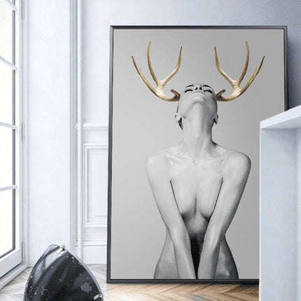 Nordic Antlers Girl Canvas Print - Personalized Wall Art