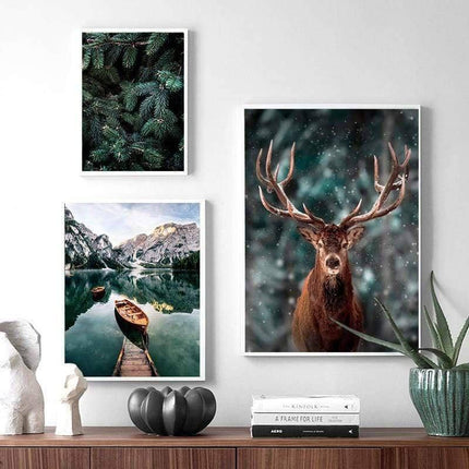 Nordic Fog Forest Deer Canvas Print - Moody Wall Poster