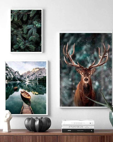 Nordic Fog Forest Deer Canvas Print - Moody Wall Poster