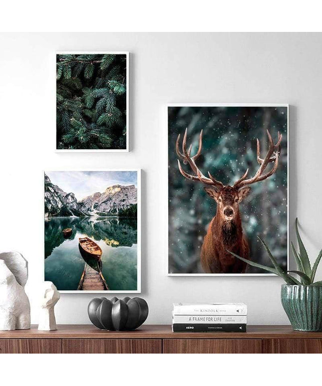 Nordic Fog Forest Deer Canvas Print - Moody Wall Poster