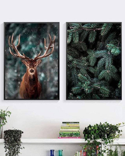 Nordic Fog Forest Deer Canvas Print - Moody Wall Poster