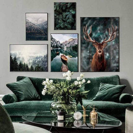 Nordic Fog Forest Deer Canvas Print - Moody Wall Poster