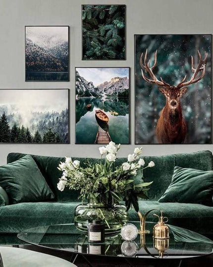 Nordic Fog Forest Deer Canvas Print - Moody Wall Poster