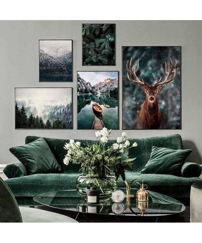 Nordic Fog Forest Deer Canvas Print - Moody Wall Poster