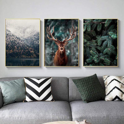 Nordic Fog Forest Deer Canvas Print - Moody Wall Poster