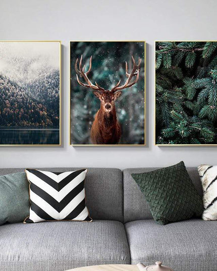 Nordic Fog Forest Deer Canvas Print - Moody Wall Poster
