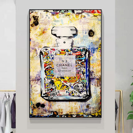 Playful Luxury: Chanel No. 5 Pop Art with Cartoon Friends Print Wall Poster