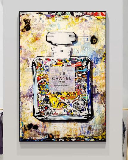 Playful Luxury: Chanel No. 5 Pop Art with Cartoon Friends Print Wall Poster