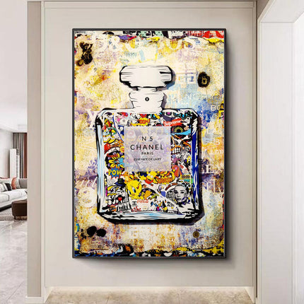 Playful Luxury: Chanel No. 5 Pop Art with Cartoon Friends Print Wall Poster