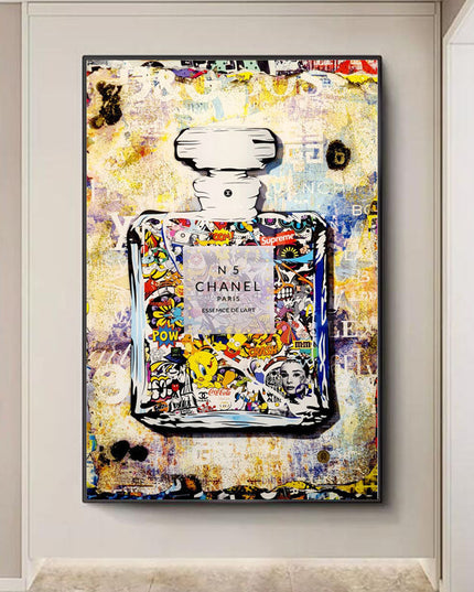 Playful Luxury: Chanel No. 5 Pop Art with Cartoon Friends Print Wall Poster