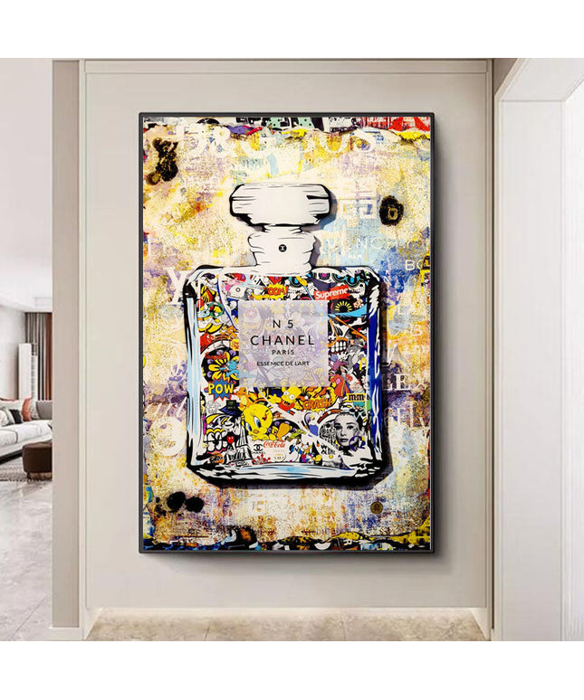 Playful Luxury: Chanel No. 5 Pop Art with Cartoon Friends Print Wall Poster