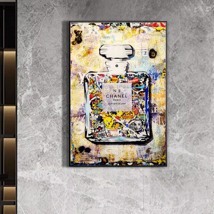 Playful Luxury: Chanel No. 5 Pop Art with Cartoon Friends Print Wall Poster