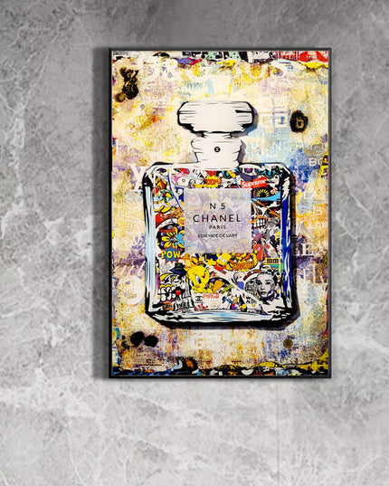 Playful Luxury: Chanel No. 5 Pop Art with Cartoon Friends Print Wall Poster