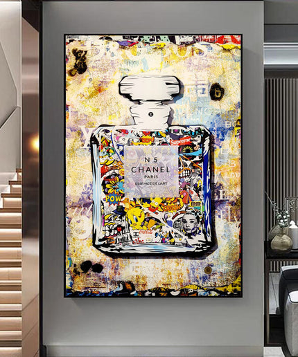 Playful Luxury: Chanel No. 5 Pop Art with Cartoon Friends Print Wall Poster
