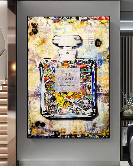 Playful Luxury: Chanel No. 5 Pop Art with Cartoon Friends Print Wall Poster