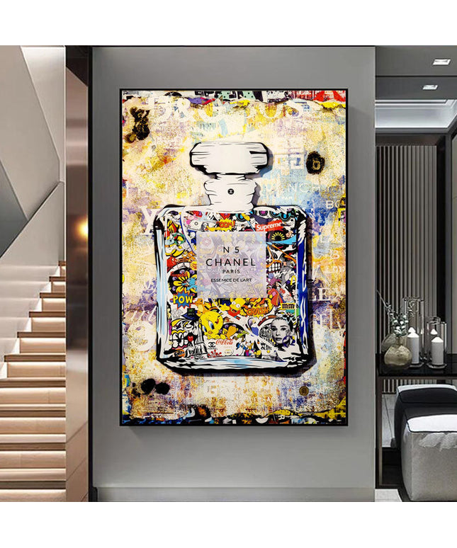 Playful Luxury: Chanel No. 5 Pop Art with Cartoon Friends Print Wall Poster