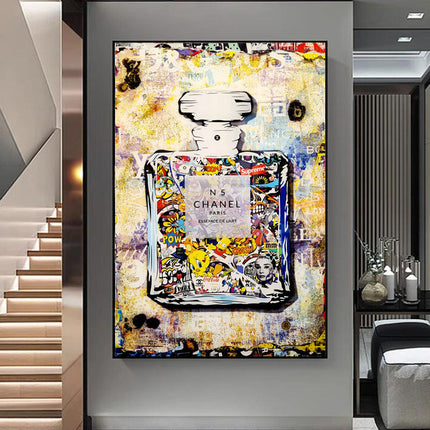 Playful Luxury: Chanel No. 5 Pop Art with Cartoon Friends Print Wall Poster