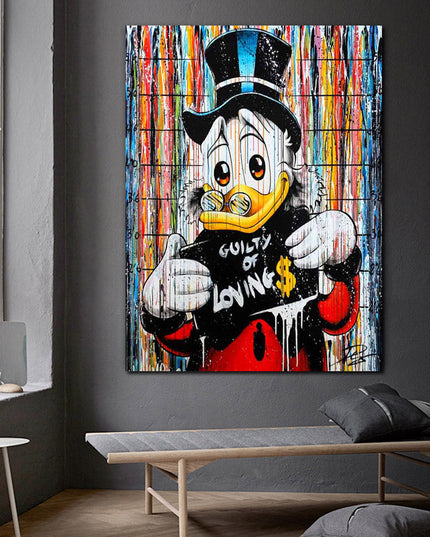 Playful Provocation - Cartoon Donald Duck Guilty of Loving Money Canvas Wall Poster