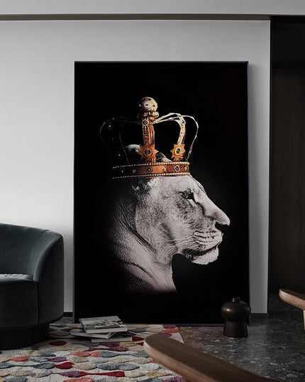 Regal Majesty: Lion King with Gold Crown Luxury Canvas Print 