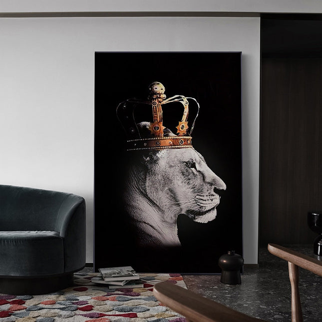 Regal Majesty: Lion King with Gold Crown Luxury Canvas Print 