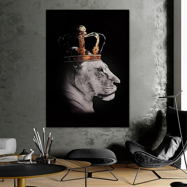 Regal Majesty: Lion King with Gold Crown Luxury Canvas Print 