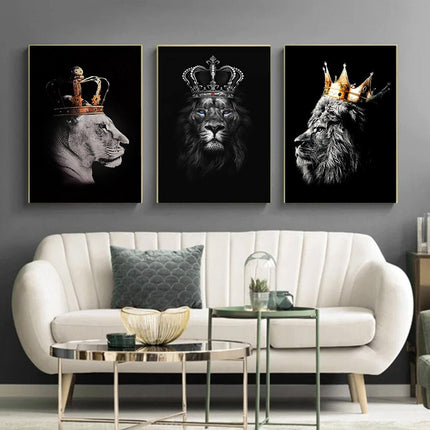Regal Majesty: Lion King with Gold Crown Luxury Canvas Print 
