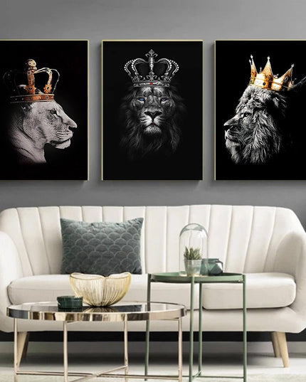Regal Majesty: Lion King with Gold Crown Luxury Canvas Print 