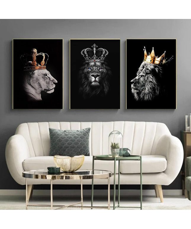 Regal Majesty: Lion King with Gold Crown Luxury Canvas Print 