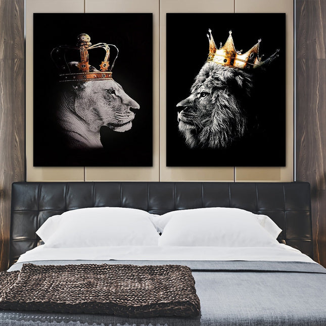 Regal Majesty: Lion King with Gold Crown Luxury Canvas Print 