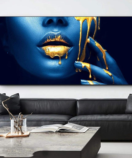 Seductive Blue: Art Canvas Print with Gold Lips Wall Poster