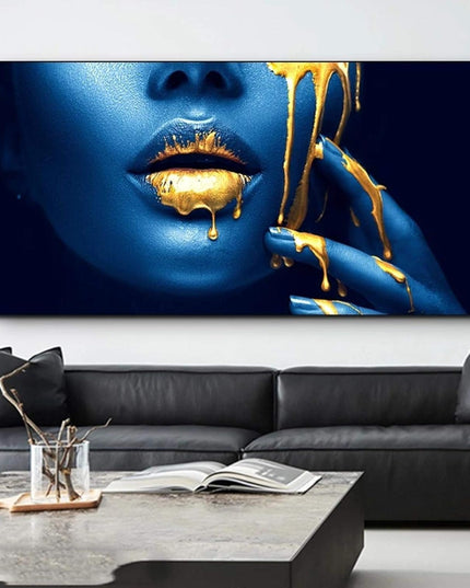 Seductive Blue: Art Canvas Print with Gold Lips Wall Poster