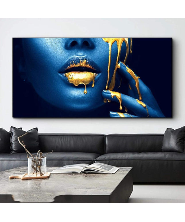 Seductive Blue: Art Canvas Print with Gold Lips Wall Poster
