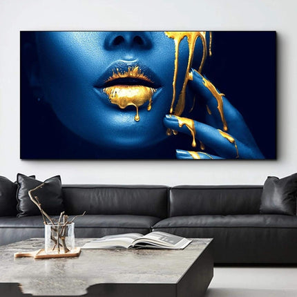 Seductive Blue: Art Canvas Print with Gold Lips Wall Poster