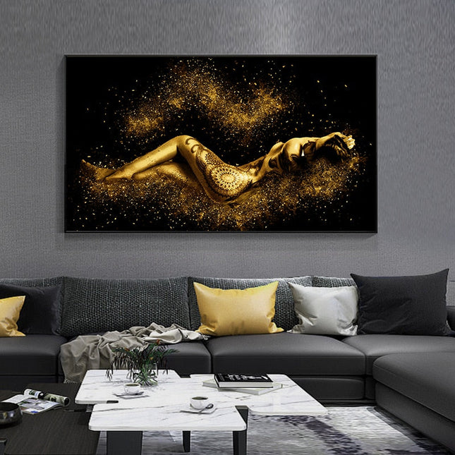 Sensual Abstractions: Black and Gold Women Body Figure Canvas Poster 