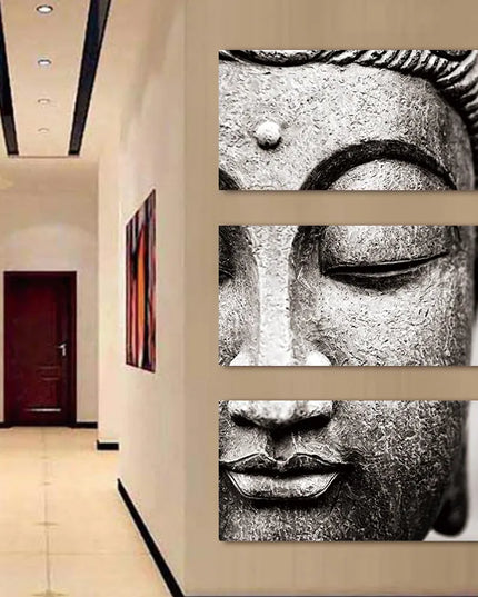 Serenity Unveiled: Exquisite Buddha Statue Face 3-Panels Canvas Poster 