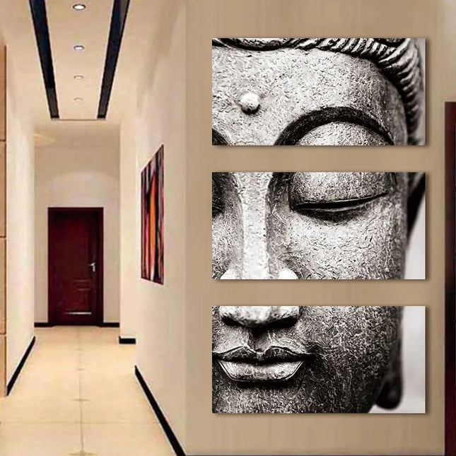 Serenity Unveiled: Exquisite Buddha Statue Face 3-Panels Canvas Poster 