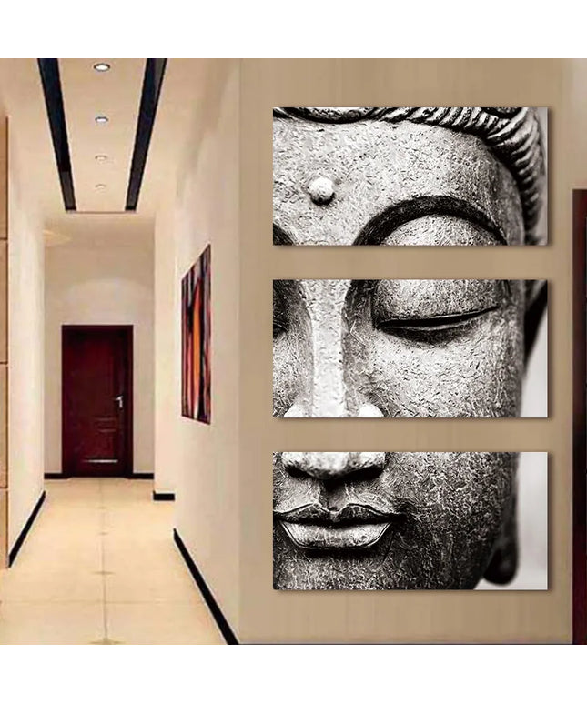 Serenity Unveiled: Exquisite Buddha Statue Face 3-Panels Canvas Poster 