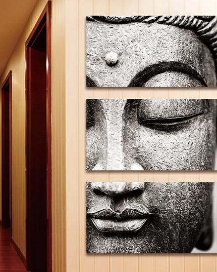 Serenity Unveiled: Exquisite Buddha Statue Face 3-Panels Canvas Poster 