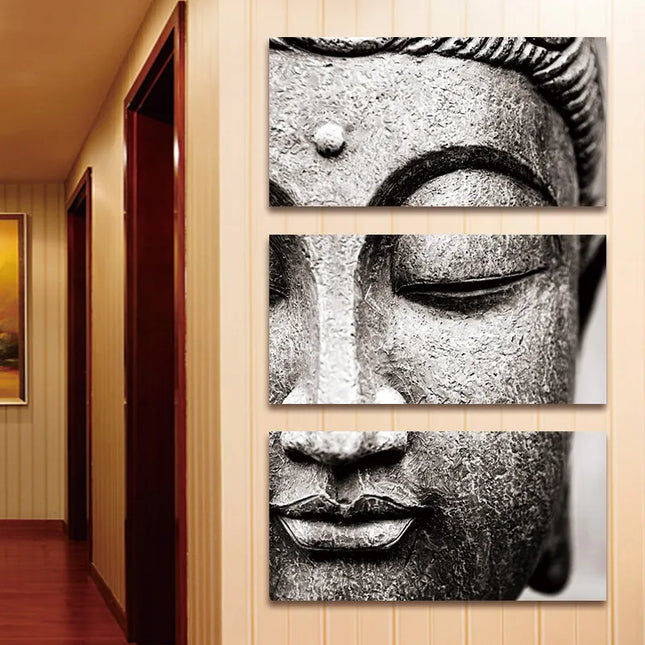 Serenity Unveiled: Exquisite Buddha Statue Face 3-Panels Canvas Poster 