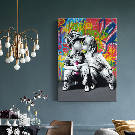 Urban Romance - Fashion Boy & Girl Kiss Love Graffiti Canvas Print Wall Poster