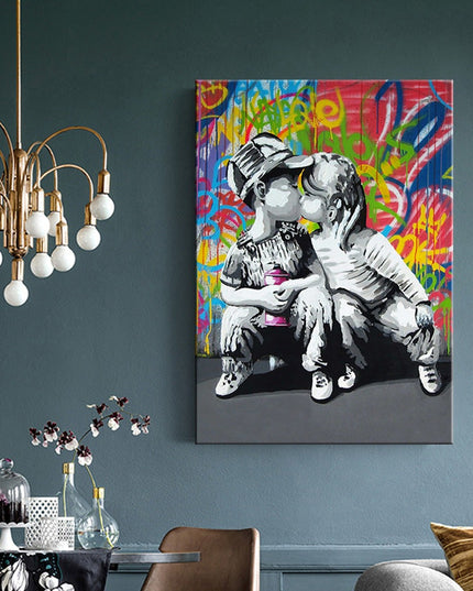Urban Romance - Fashion Boy & Girl Kiss Love Graffiti Canvas Print Wall Poster