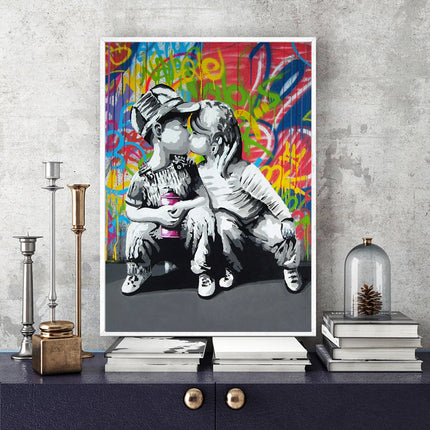 Urban Romance - Fashion Boy & Girl Kiss Love Graffiti Canvas Print Wall Poster