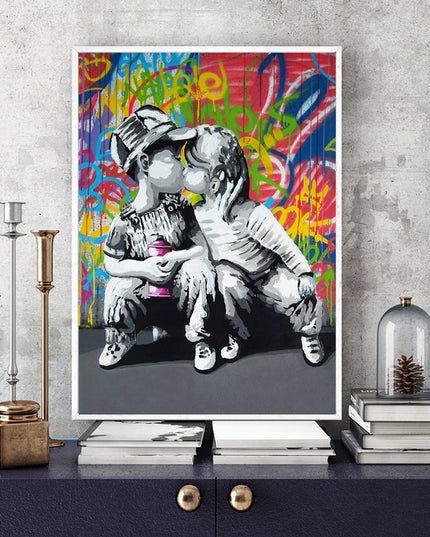 Urban Romance - Fashion Boy & Girl Kiss Love Graffiti Canvas Print Wall Poster