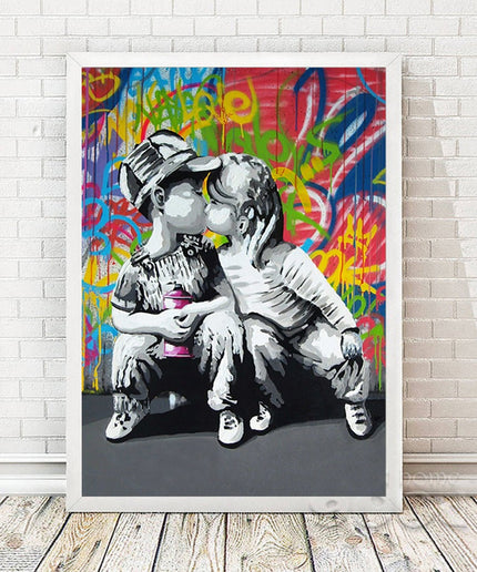 Urban Romance - Fashion Boy & Girl Kiss Love Graffiti Canvas Print Wall Poster