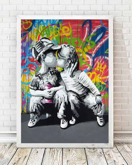 Urban Romance - Fashion Boy & Girl Kiss Love Graffiti Canvas Print Wall Poster