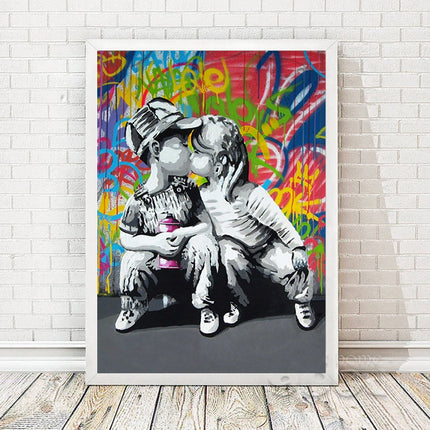 Urban Romance - Fashion Boy & Girl Kiss Love Graffiti Canvas Print Wall Poster