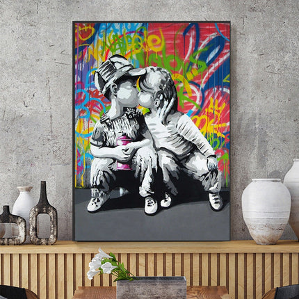 Urban Romance - Fashion Boy & Girl Kiss Love Graffiti Canvas Print Wall Poster