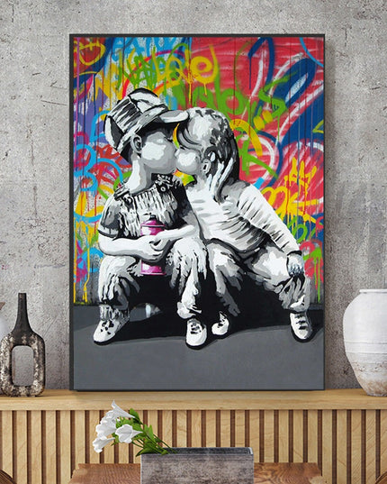 Urban Romance - Fashion Boy & Girl Kiss Love Graffiti Canvas Print Wall Poster