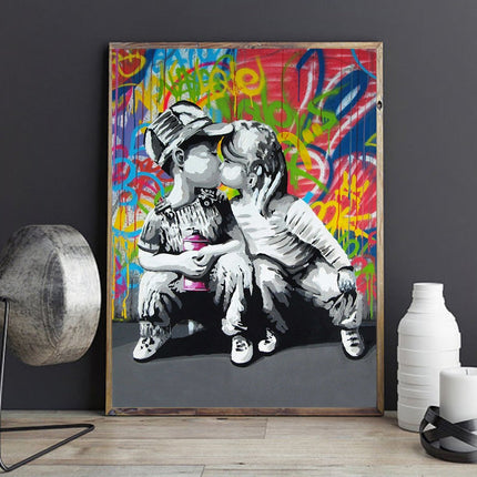 Urban Romance - Fashion Boy & Girl Kiss Love Graffiti Canvas Print Wall Poster